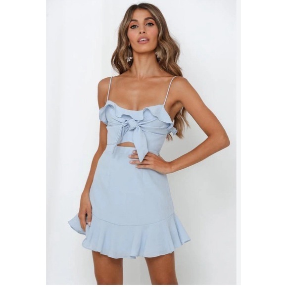 Selfie Leslie Dresses & Skirts - SELFIE LESLIE S Women Pico Tied-Knot Bust Ruffle Mini Dress Steel Blue Feminine